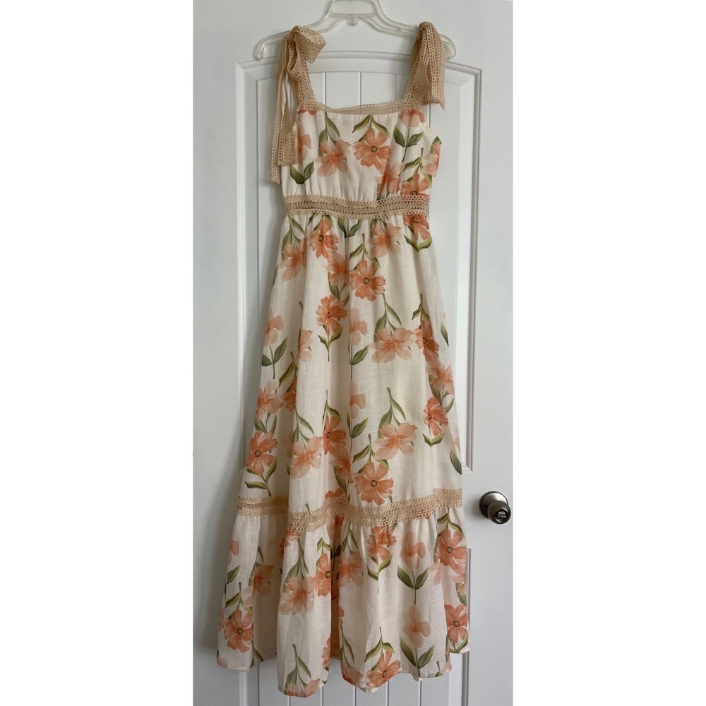 Indica Cream Peach Orange Green Floral Tie-Shoulder Tiered Maxi Dress, Size S